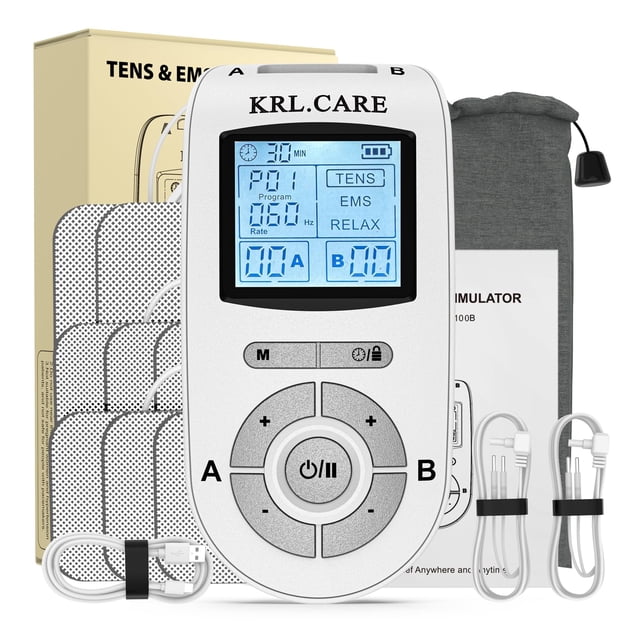 KRL.CARE Unidad TENS EMS de doble canal con 40 intensidades para alivio gradual del dolor, estimulador muscular de 24 modos, masajeador electrónico de pulso con 8 almohadillas y bolsa de almacenamient