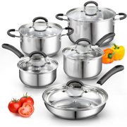 Stainless Steel Cookware Sets 10-Piece, Pots and Pans Kitchen Cooking Set with Stay-Cool Handles, Dishwasher Safe, Silver