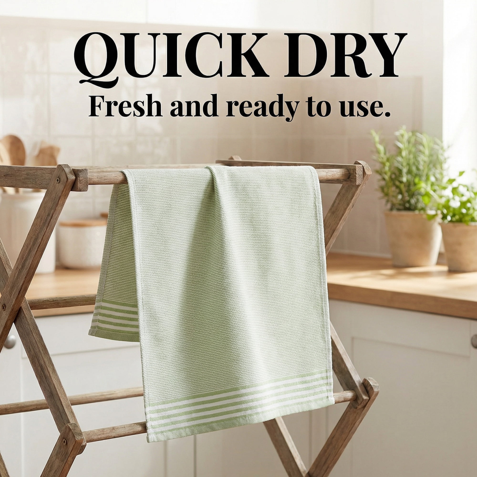 Unique Bargains 100% Cotton Striped Quick Dry Kitchen Towels Khaki 4 Pack Green 26" x 18"