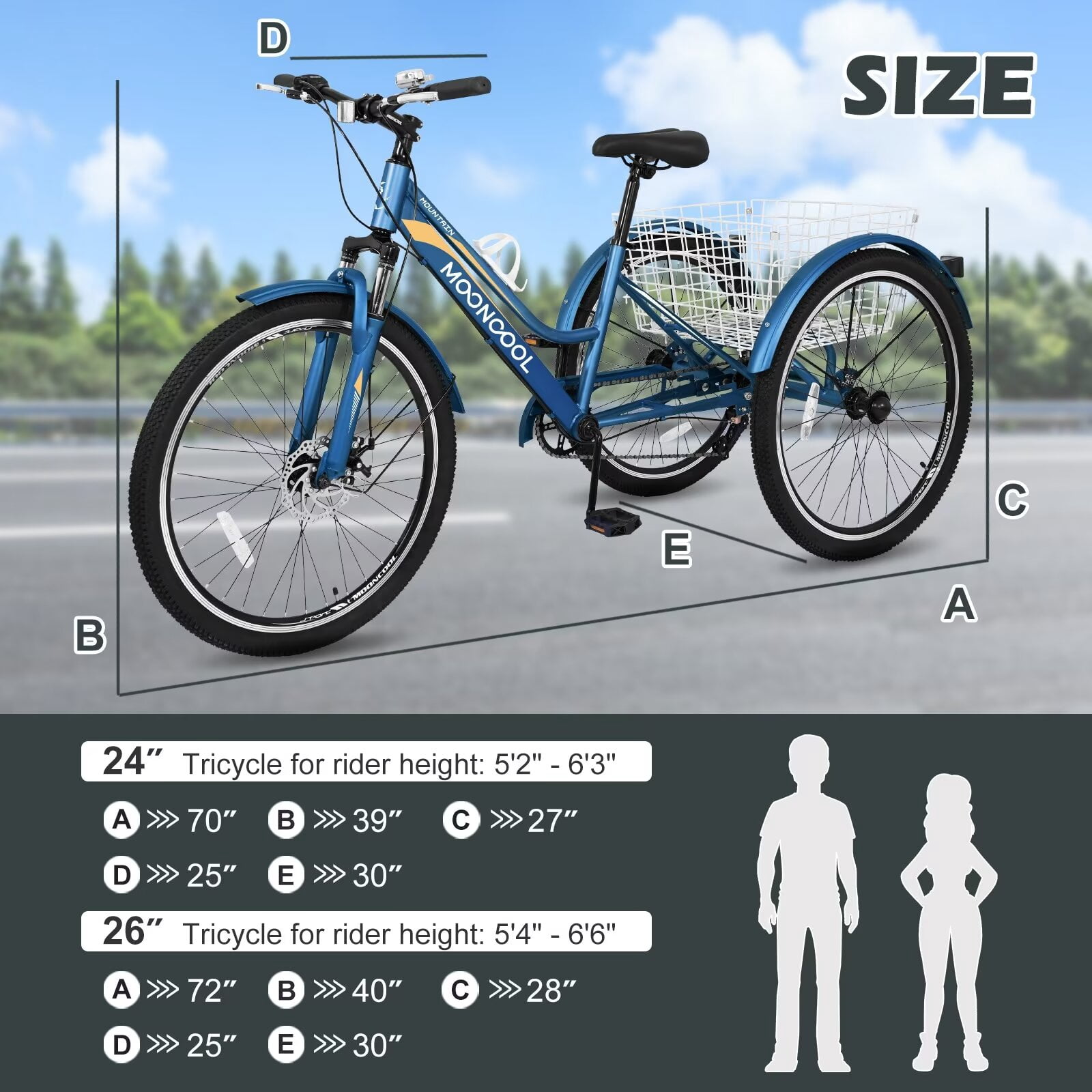 MOPHOTO 24/26 Inch Mountain Tricycle for Adults, 7 Speed Seniors Three Wheel Bikes,  Men's Women's Tricycles Trikes with Shopping Basket, Exercise