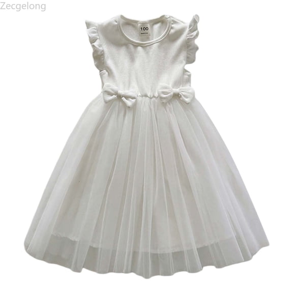 Zecgelong Toddler Girls Fly Sleeves Prints Embroidery Bowknot Dress Dance Party Dresses Clothes Girls Dress For Kids Size 18-24 Months Beige
