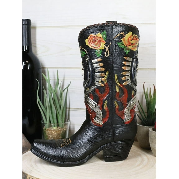 Western Bull Skull Roses Six Shooters And Fire Cowboy Boot Vase Planter Figurine