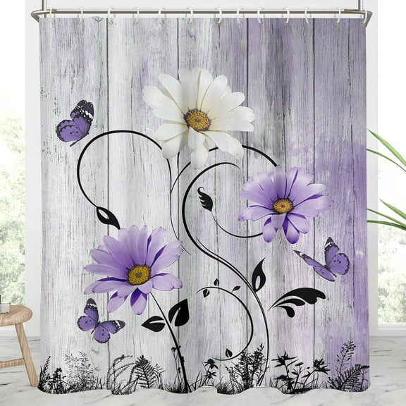 Purple Floral Shower Curtain Flowers Rustic Lavender Lilac Country Butterfly White Daisy Leaves Black Extra Long XL Large Home Bathroom Decor Bathtub Set with 12 Hooks, 72x84, Retro
