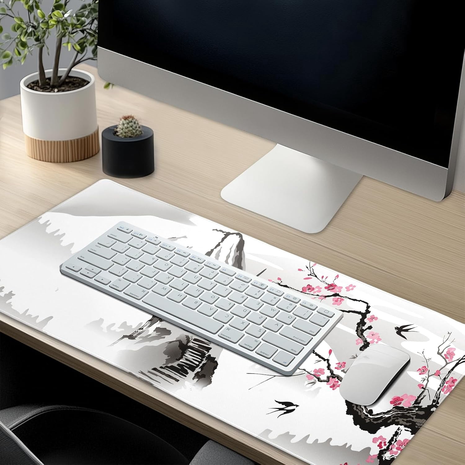 Japanese Cherry Blossom Gaming Mouse Pad XL Large Extended Sakura Desk Pad Non-Slip Rubber Base 31.5”×11.8” with Stitched Edges Waterproof Pads Computer Gaming Mousepads for Work Game Office Home