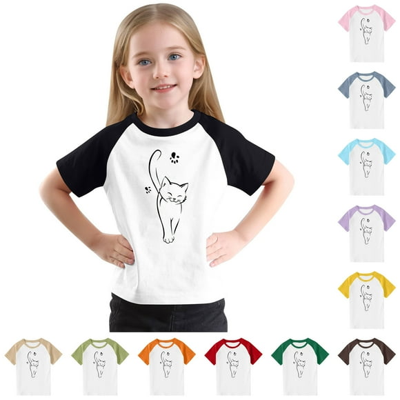 Feancey Girls Graphic T Shirts Cute Cat Print Short Sleeve Tops Summer Casual Loose Tunic Tees Baby Kids Boys T-Shirt Holiday Clearance Purple 13 Years