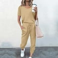 thumbnail image 3 of Scyoekwg Two Piece Outfits for Women Short Sleeve Round Neck Drawstring Tops Jogger Pants Casual Trendy Tracksuit Loose Sweatsuits Sets Solid Color Outfits (Beige,S), 3 of 5