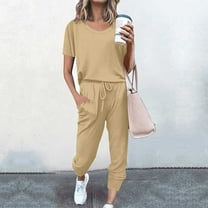 BLTIBY 2 Piece Sets for Women Summer Solid Color Short Sleeve Round Neck Shirts Wide Leg Drawstring Pants Set Fashion Comfortable Outfits with Pockets Beige 2 XL