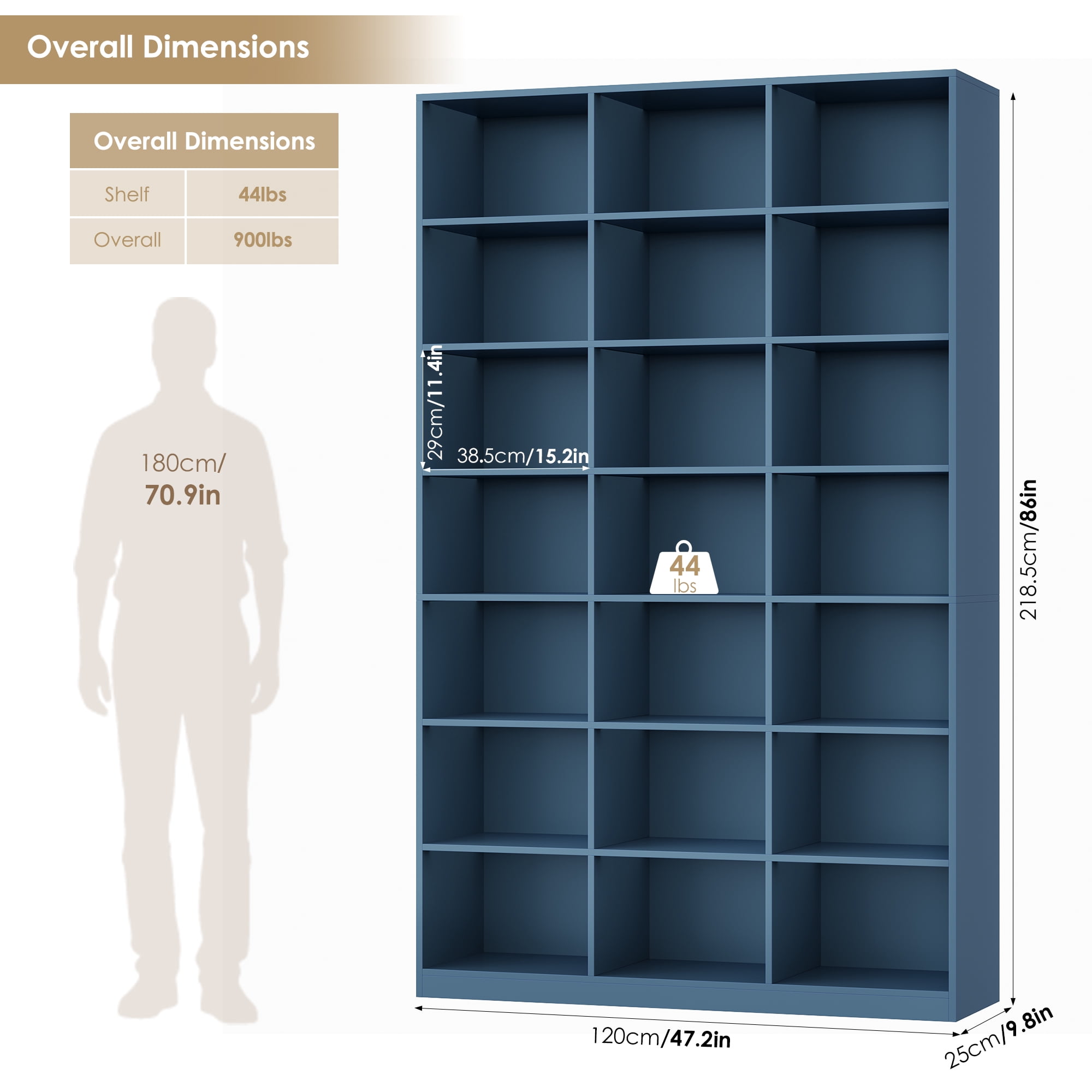 Hiphuta 21-Cube Bookcase, 86"H Tall Wooden Bookshelves for Bedroom, Living Room and Office, Freestanding Display Shelves Cube Organizer, Blue