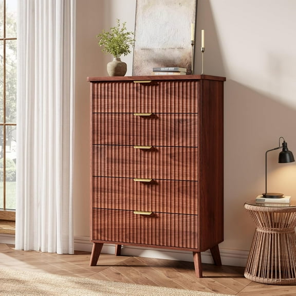 5 Drawers Dresser for Bedroom, 47.2" Tall Dressers with Curved Profile Design, Fluted Wood Drawers with Gold Handle, Modern Chest of Dressers with Thickened Design for Living Room, Walnut