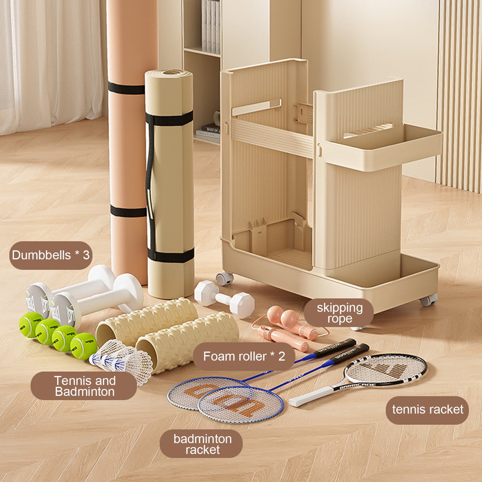 Gnmfd Yoga Mat Storage Basket, Household Trolley Fitness Equipment Storage Rack, Multi-purpose Badminton and Sports Gear Organizer, Versatile Storage for Bathroom, Kitchen, and Study Rooms
