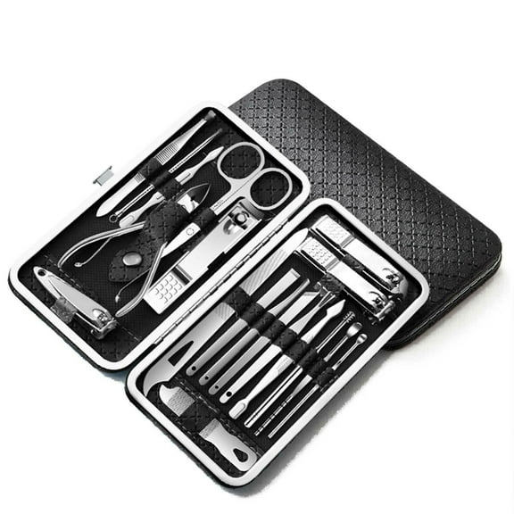 19PCS Stainless Steel Nail Clippers Pedicure Manicure Set Cleaner Cuticle Grooming Kit Black
