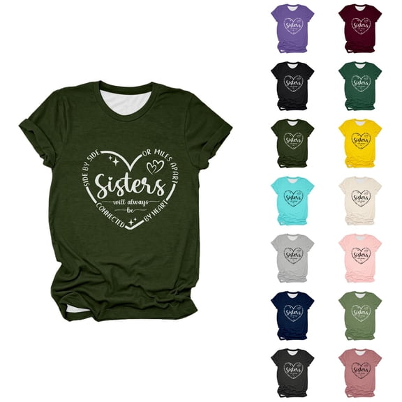 Side by Side or Miles Apart Sisters Will Always Be Connected by Heart Graphic Tees for Women Short Sleeve Crewneck Tshirt