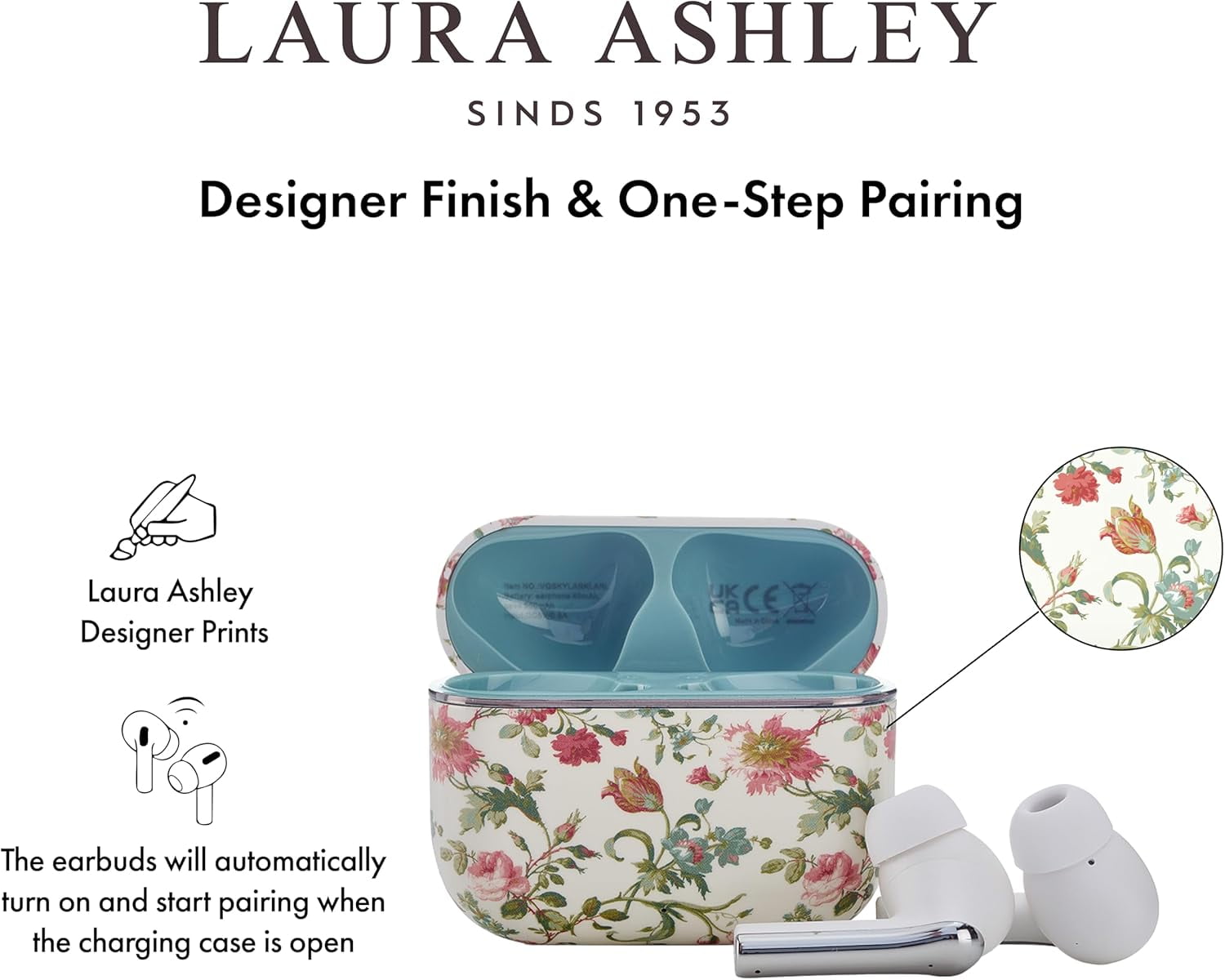 VQ Laura Ashley Skylark TWS Wireless Earbuds – Bluetooth 5.3 Earphones with Enhanced Noise Cancelling (ENC), 10-Hour Playtime & 45-Hour Charging Case – Rosalind