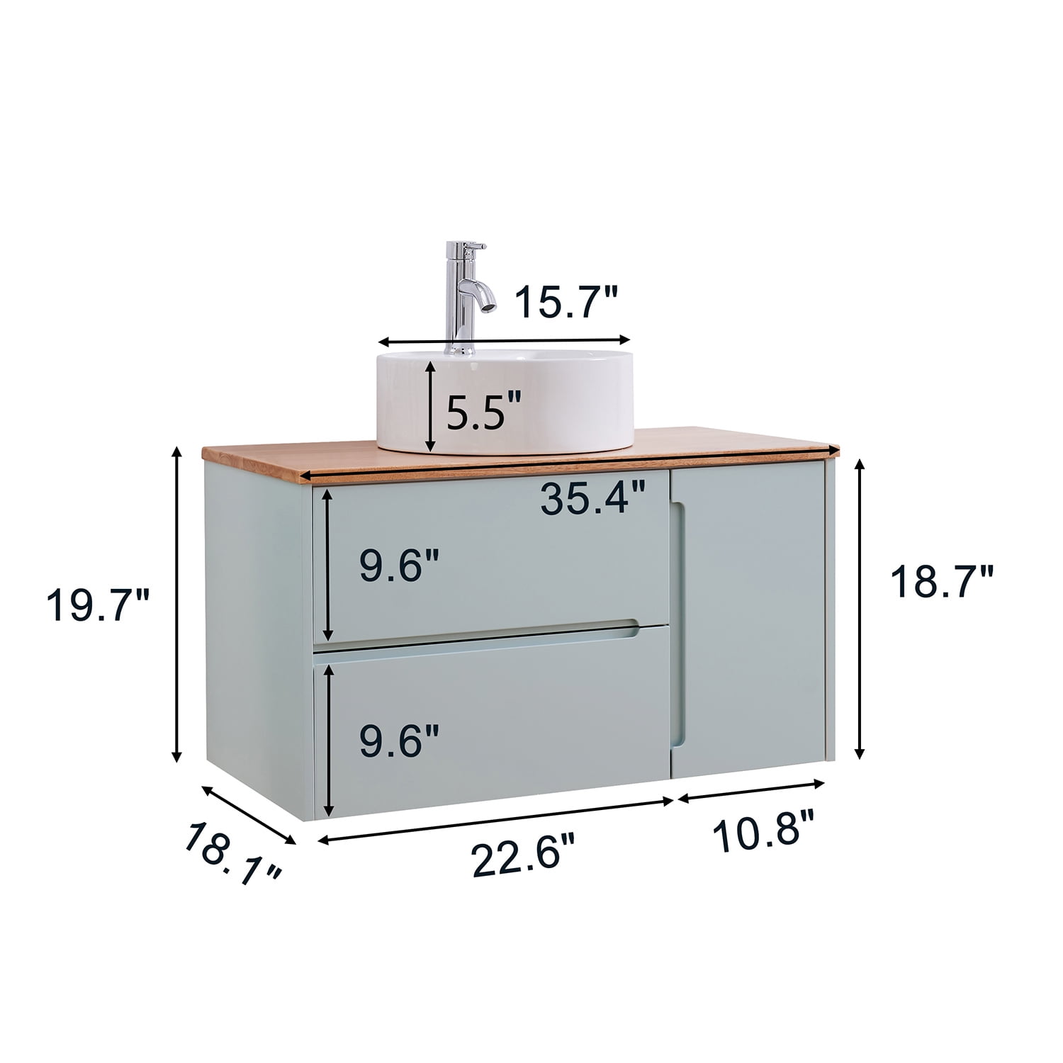 Demi Bonn 35" Single Door Wall Mounted Bathroom Vanities Cabinet with Ceramic Sink, 2 Drawers, Faucets and Drains Not Included, Blue