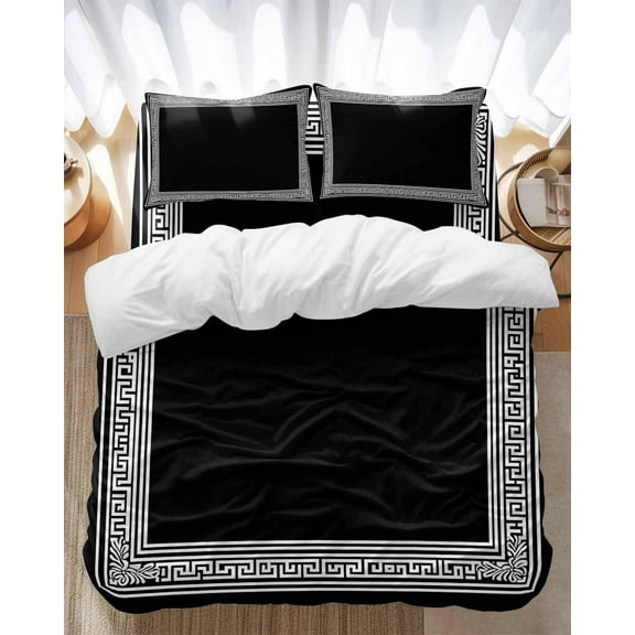 Black White Bedding Duvet Cover Set Queen Size 4 Pieces Geometric Greek Key Bordered Abstract Art Bedding Set with Zipper Closure, 1 Comforter Cover 90x92 Inches 1 Flat Sheet & 2 Pillow Cases