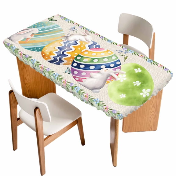 Easter Table Cloths for 4 Foot Rectangle Tables, Colorful Eggs Bunny Floral Vines Green Plaid Patio Waterproof Elastic Fitted Tablecloths, Washable Rectangular Table Cover for Camping