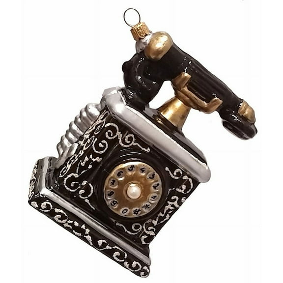 Vintage Black Rotary Telephone Polish Blown Glass Christmas Ornament Decorations