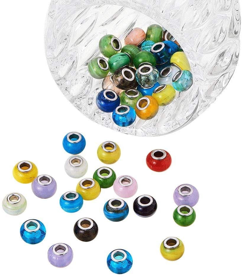 100pcs Lampwork Glass European Beads Large Hole Beads Mixed Handmade Garden Decor Beaded Loose Slide Beads for Bracelet Jewelry Making Yard Patio Plant Pot Flower Decor Hole: 5mm