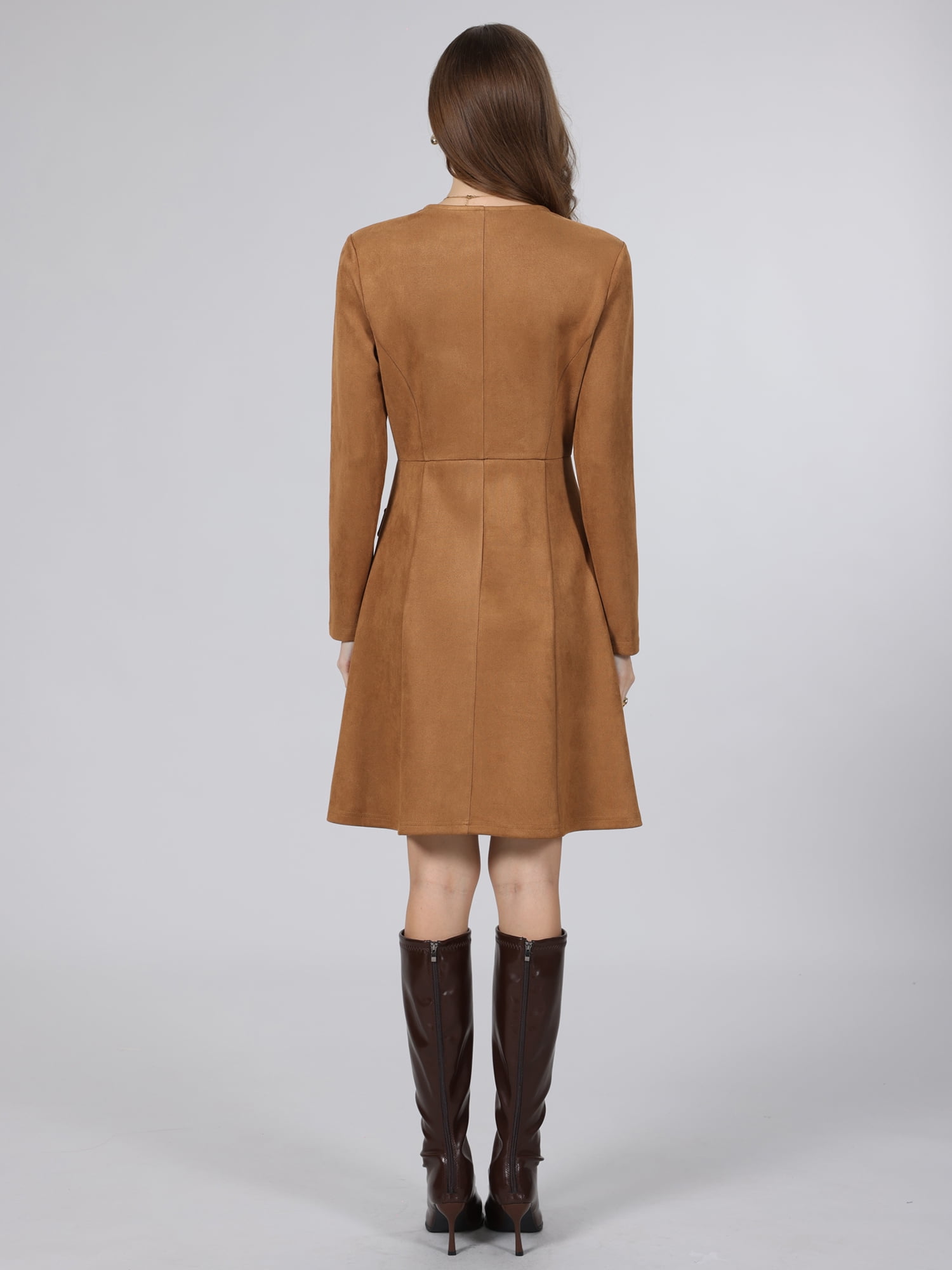 DARING DIVA Women's Faux Suede Button Down V Neck Long Sleeve Dress S Brown