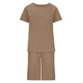 thumbnail image 6 of Feancey Womens Summer 2 Piece Outfits Linen Casual Pajama Sets Solid Color Short Sleeve Top and Knee Length Shorts Sleepwear Two Piece Set with Pockets Khaki XXL, 6 of 6