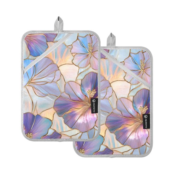 Two Pieces Of Square Heat Insulation Pad Oven Mitts Seam Blue Pink Flowers 7x9.8 Inch Oven Microwave Kitchen Cooking Baking