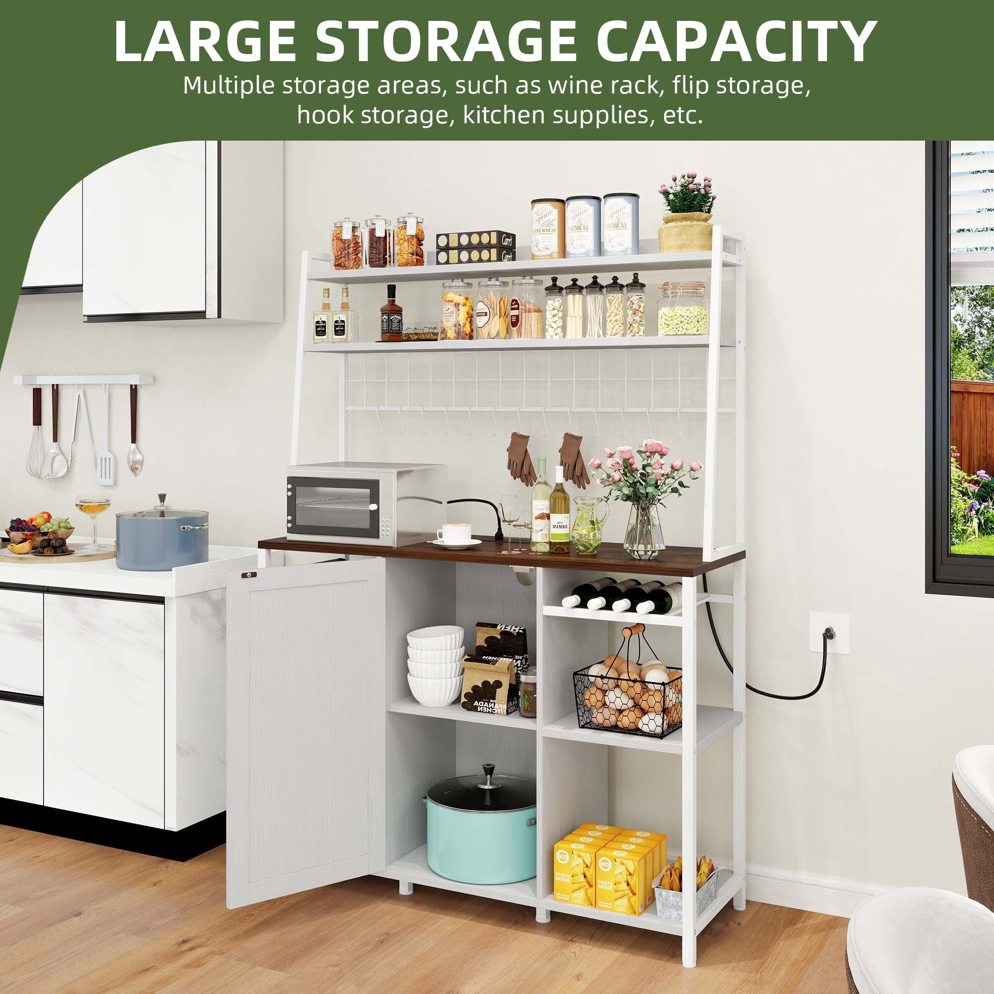 Uforic Farmhouse Kitchen Bakers Rack with Hutch, 6-Tier Microwave Stand with Power Outlets, White