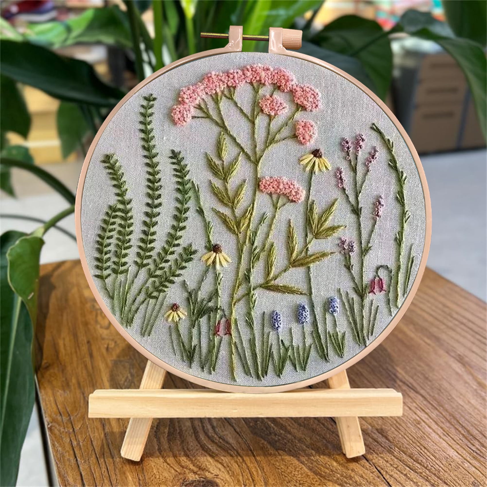 HVEST 4 Pack Embroidery Kit for Beginners - Rustic Floral & Green Leaf with Embroidery Pattern, Hoop, Complete Cross Stitch Supplies (Needle/Threads/Scissors) DIY Craft for Adults Sewing Hobby