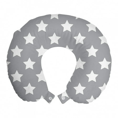 Star Travel Pillow Neck Rest, Big Stars Pattern Monochrome Modern Baby Nursery Design Starry Night Themed, Memory Foam Traveling Accessory Airplane and Car, 12", Grey White, by Ambesonne