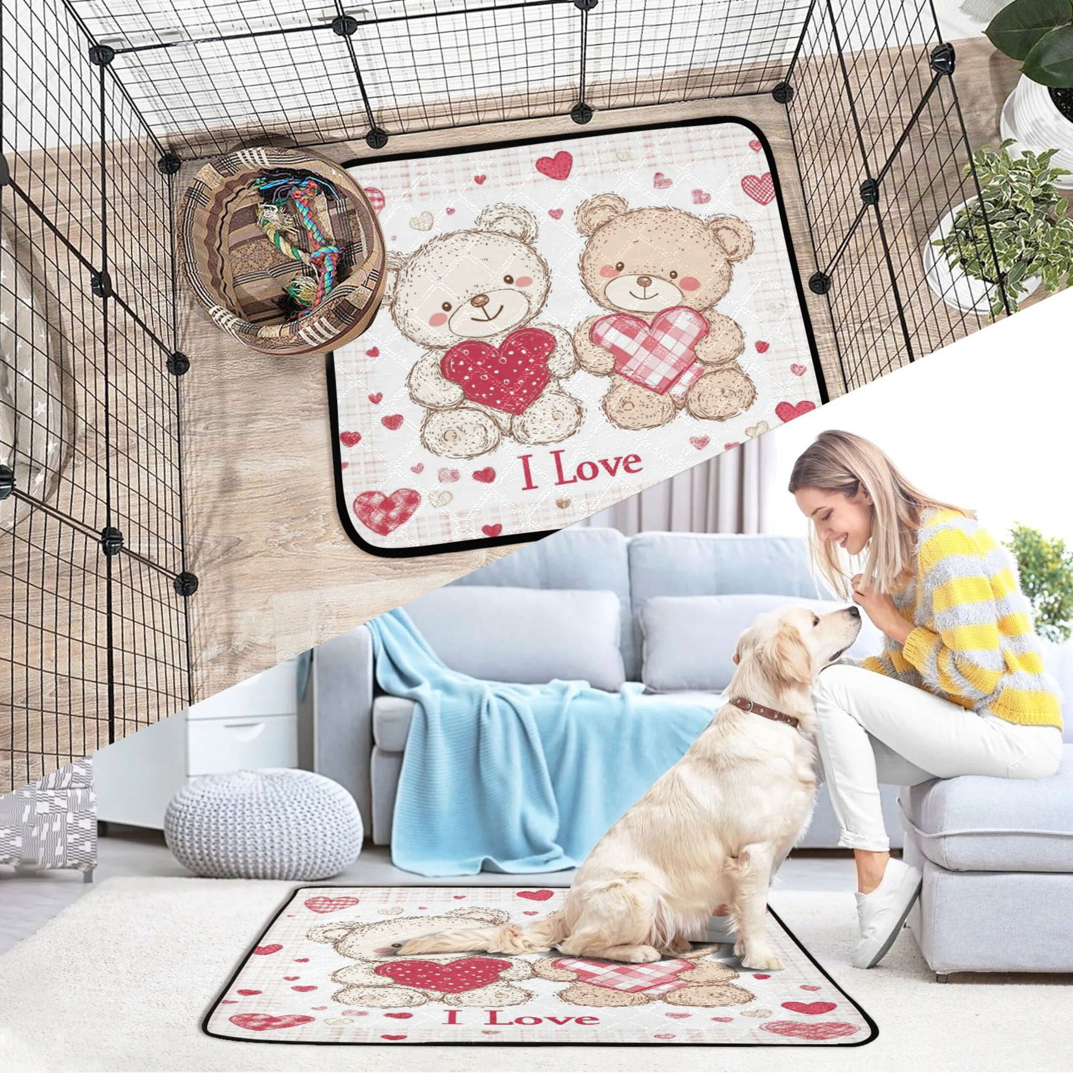 Qxltty Valentine Teddy Bear Cat litter Pads Pet Set of 2 Diaper Mats Center Anti-leakage Layer Absorbent Soft and Comfortable
