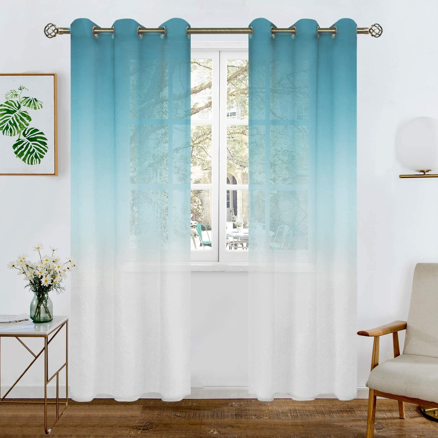 Faux Linen Ombre Sheer Curtains for Living Room, Grommet Semi Voile