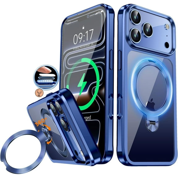 JETeacka CD Metal Ring & Invisible 360° Spin Stand Magnetic Case for iPhone 17 Pro Max Electroplated Bumper Compatible with MagSafe Slim Clear Cover-Blue