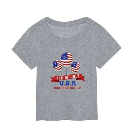 

Dr.Eam Big Girls Summer Independence Day Printed Short Sleeved Top Outwear Fashion Tops Casual Soft Dailywear Grey 1 Y-2 Y
