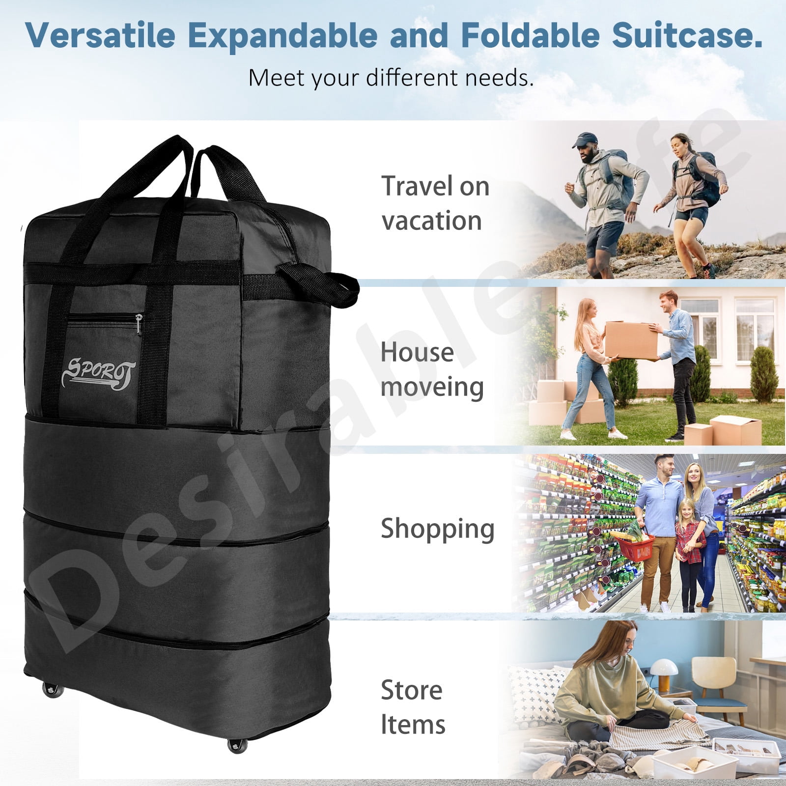 Desirable Life 34in 3 Layer Expandable Suitcase Bag Collapsible Rolling Wheeled Duffle Bag Large for Home Storage Cargo Travel Business Moving Luggage