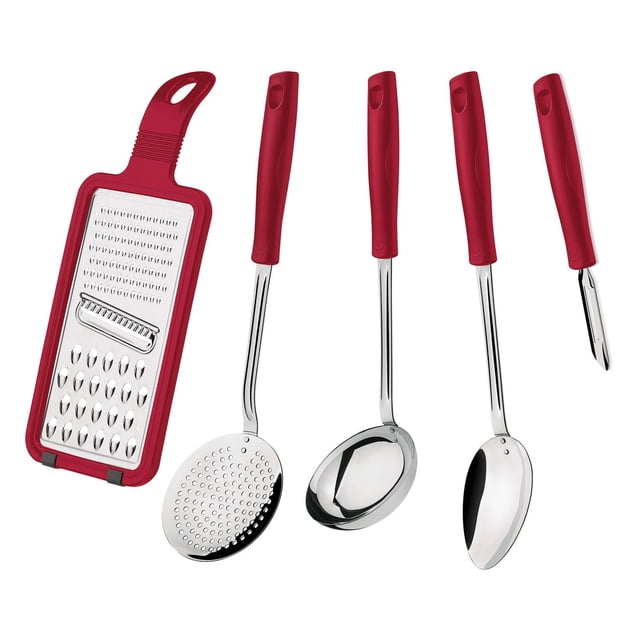 Tramontina 5-piece kitchen utensil set with red handles featuring a grater, skimmer spoon, ladle, serving spoon and vegetable peeler.