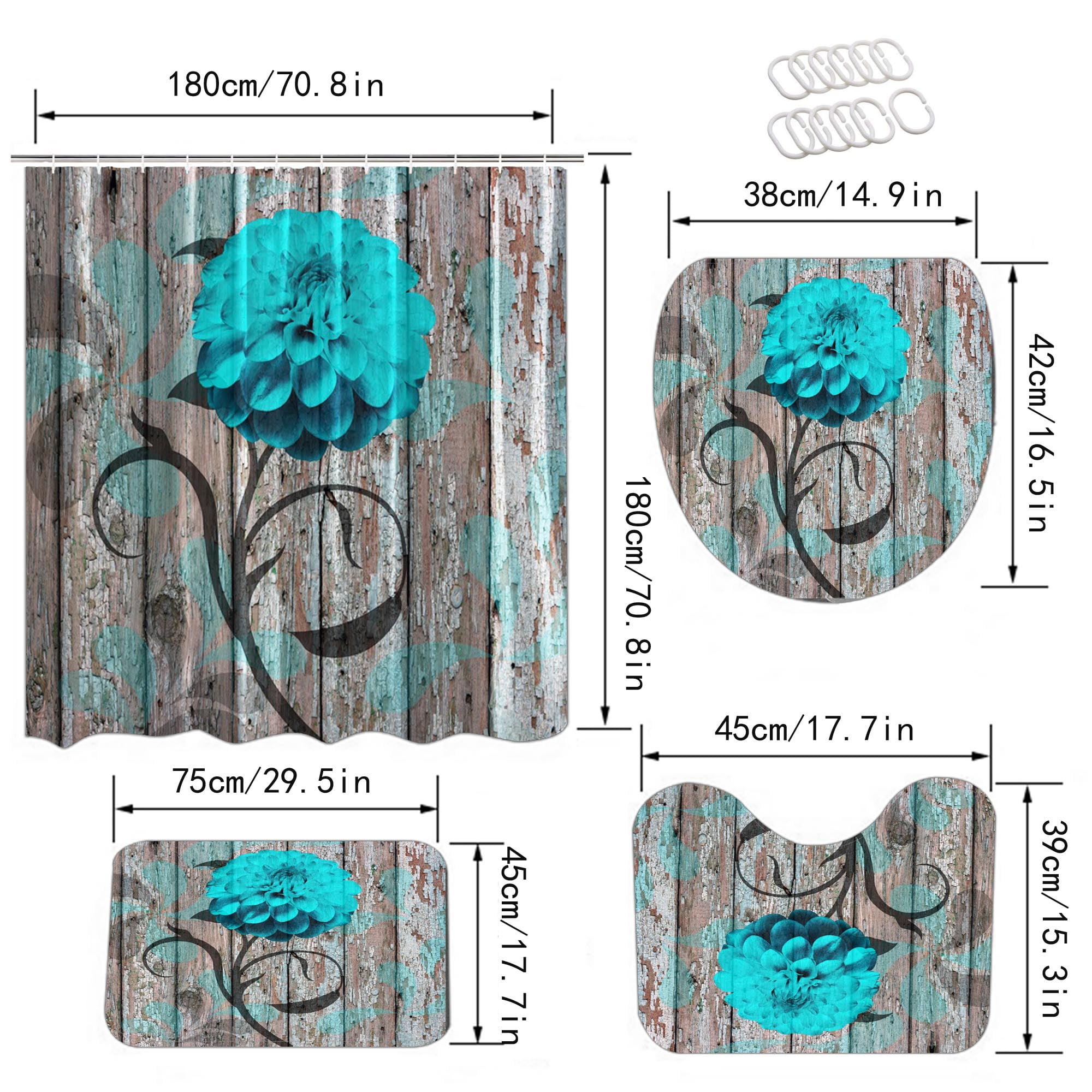 4 Pcs Bathroom Shower Curtain Set Blue Rose Shower Curtain Bathroom Sets Valentine's Day Shower Curtain Sets with Rugs(Bath Mat,U Shape and Toilet Lid Cover Mat) and 12 Hooks