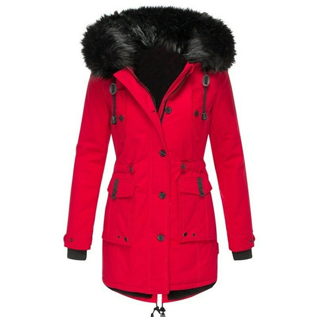 CEHVOM Women's Winter Padded Hooded Drawstring Mid-Length Cotton-Padded Jacket Pocket Zipper Coat