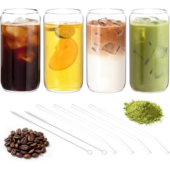 4 Piece Matcha Glass with Straw, 500 ml Clear Latte Glasses | Cocktail Glasses, Large Reusable Drinking Glass for Beer, Milk, Water, Juice, Coffee