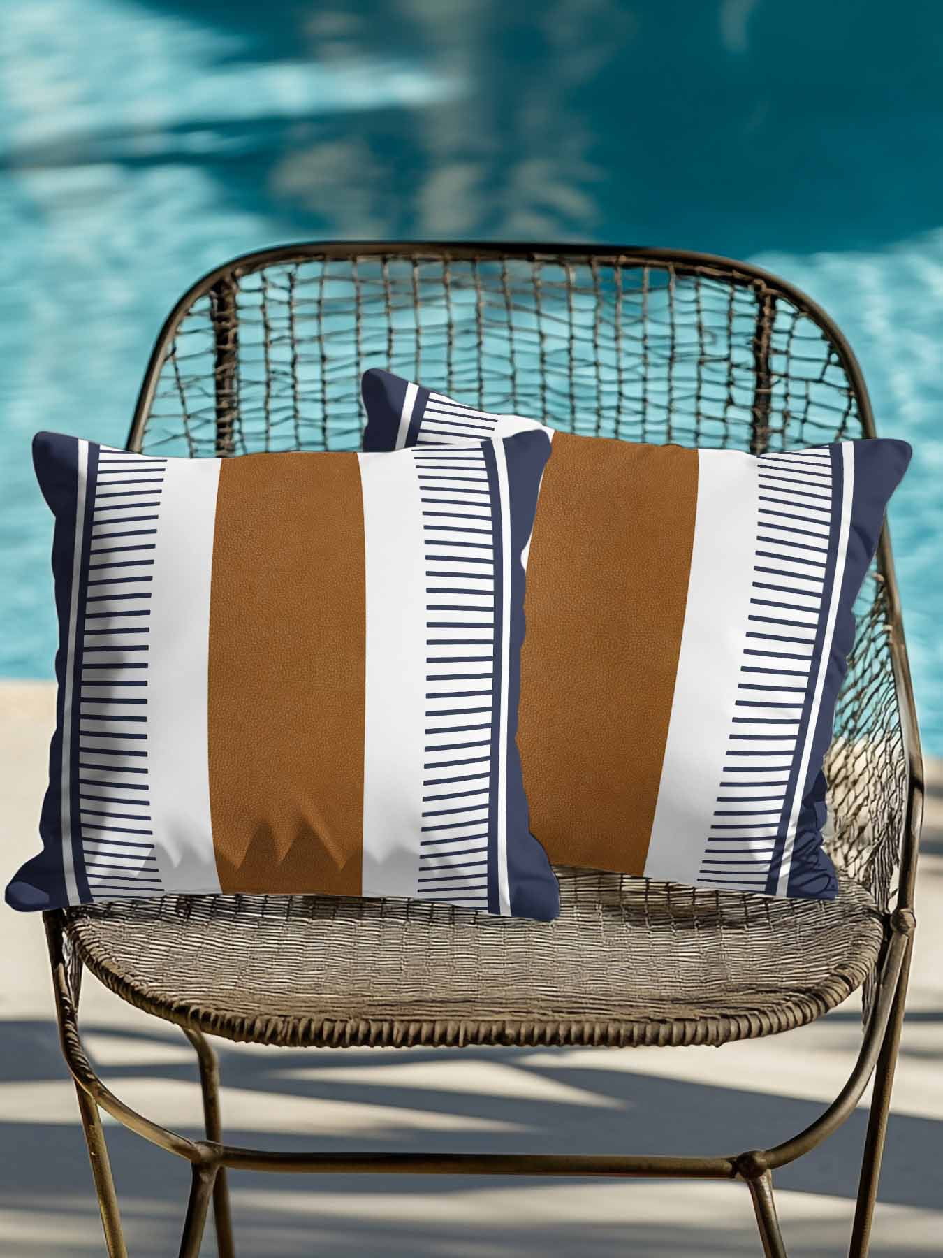 Waterproof Outdoor Throw Pillows with Inserts 18"x18" Set of 2, Modern Brown Blue Soft Decorative Pillowcases for Couch Bedroom, Boho Contemporary Geometric Striped Pillow Covers for Sofa Living Room