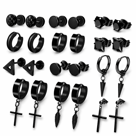 12 Pairs Earrings Men Women Stainless Steel Cross Stud Hinged Hoop Jewelry Set