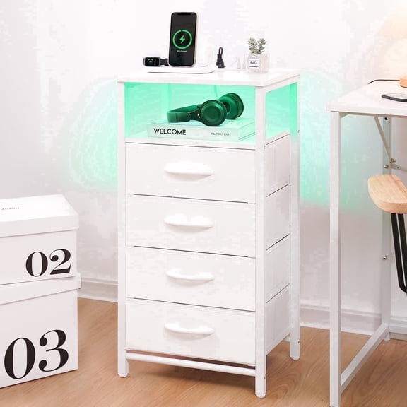4 Drawer Nightstand with Charging Station, Bedside Table with LED and Storage Shelf, Small Dresser for Bedroom Living Room and Dorm, White
