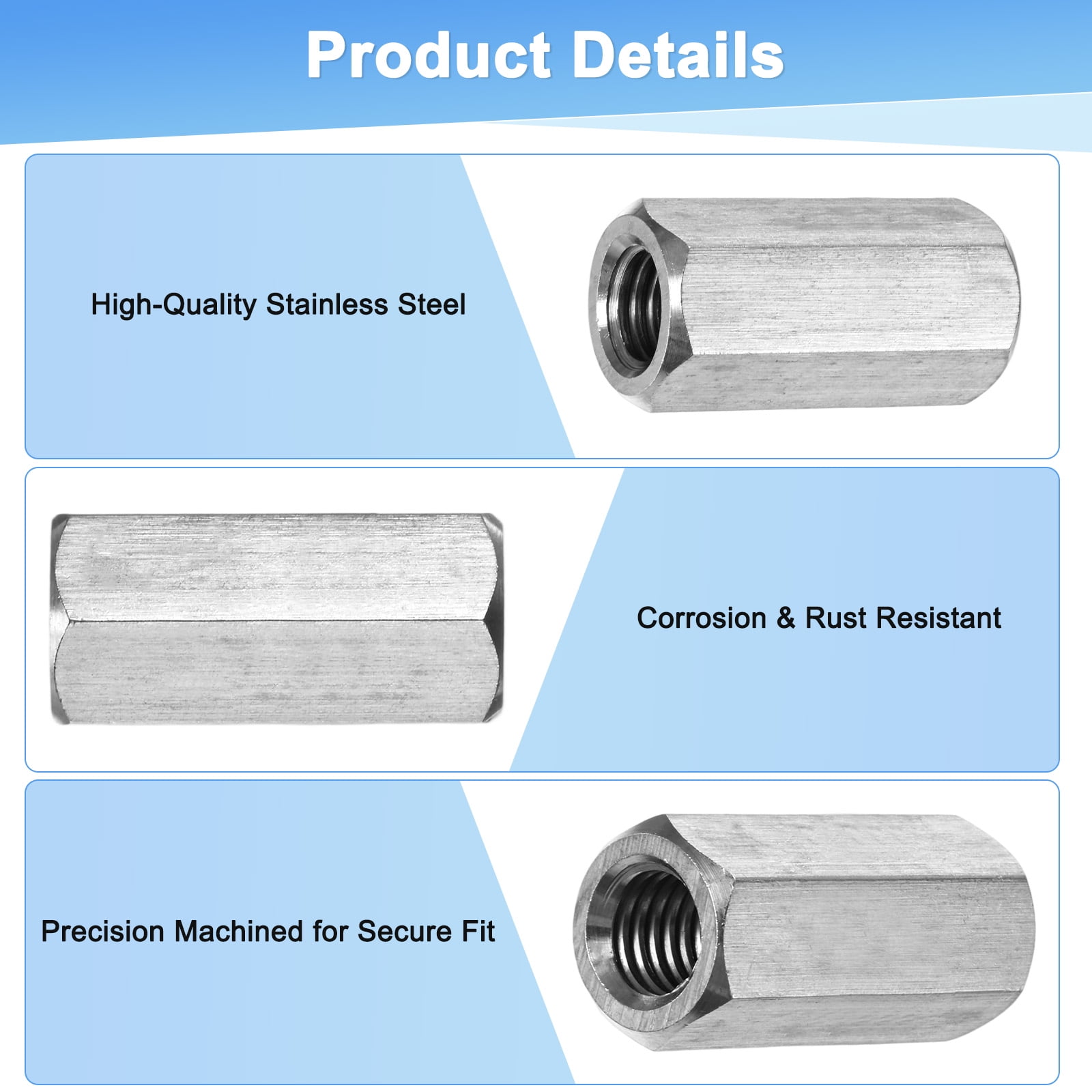 Uxcell 5-Pack 1/2"-13 UNC Hex Coupling Nuts, 1.57" Length 304 Stainless Steel Fully Threaded[Silver Tone]