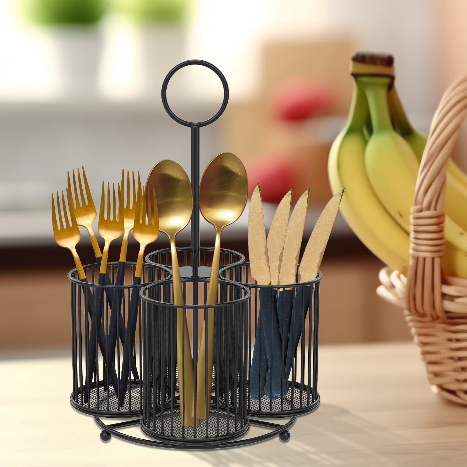 Vensio Black 360 Rotating Utensil Caddy 4 Compartment Metal Mesh Cutlery Storage Organizer Holder for Kitchen Countertop