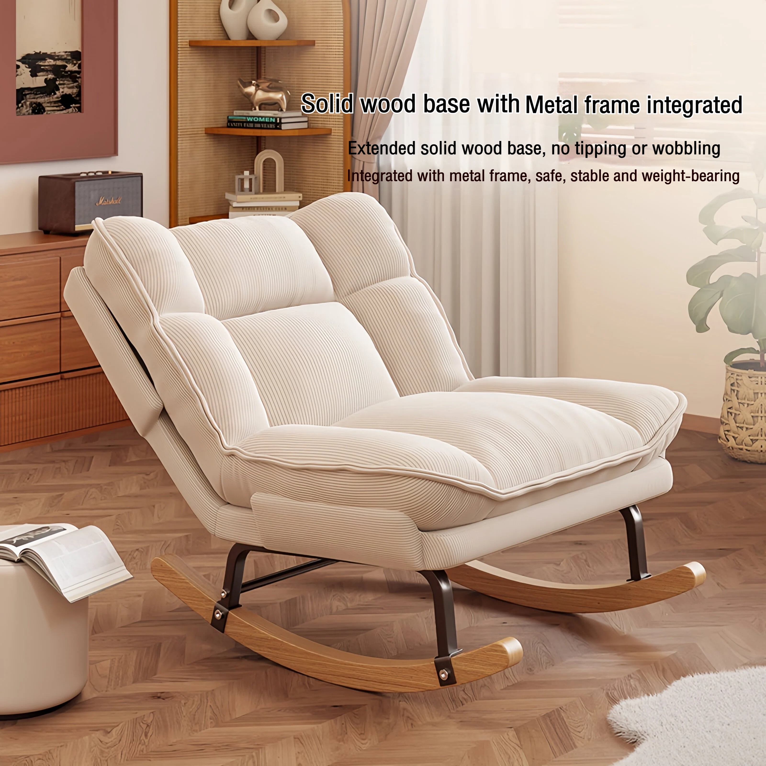 Keerffo Nursery Rocking Chair with Footrest,Corduroy Upholstered Lazy Recliner Lounge Chair, Single Sofa for Living Room, Rubber Wood Legs