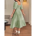 thumbnail image 2 of Green Gingham Square Neck A-Line Midi Dress With Half Puff Sleeves Casual Summer, 2 of 8