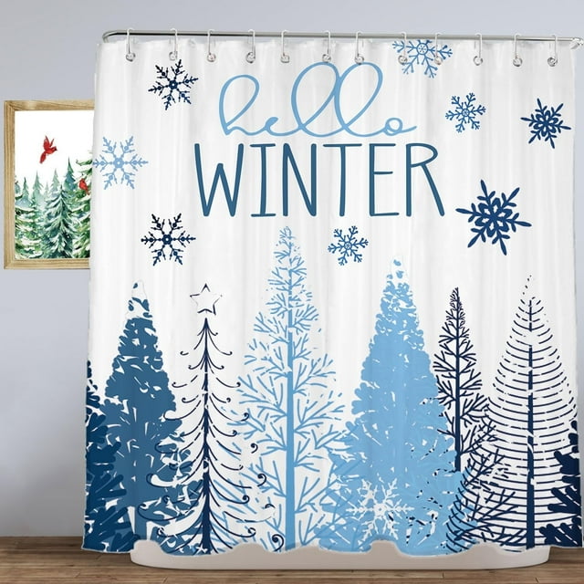 Winter Shower Curtain, 72"X72" Christmas Tree Shower Curtain, Blue Christmas Snowflake Shower Curtain with Hooks, Christmas Bathroom Decor, Waterproof Washable Polyester Holiday Xmas Bathroom Set