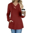 thumbnail image 6 of BXINGOHAI Women's V Neck Hoodies Long Sleeve Sweatshirt Drawstring Pullover Tops with Pocket Wine,M, 6 of 7
