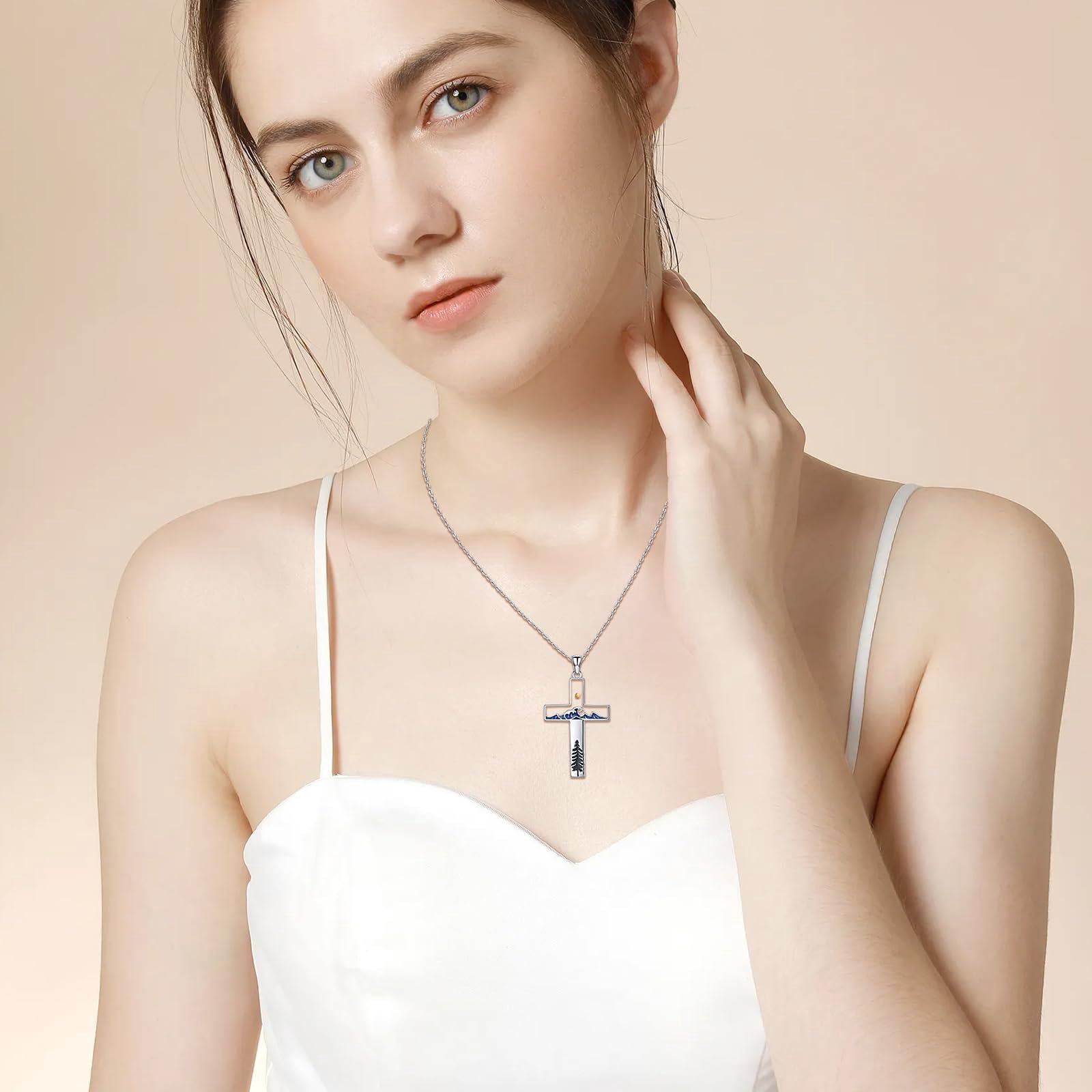 Coachuhhar Mustard Seed Cross Necklace 925 Sterling Silver Wave Pine Tree Pendant Necklace Faith Religious Jewelry Christmas Gifts for Christian