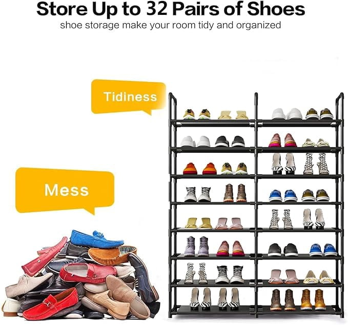 Seamika 8 Tier Shoe Rack Organizer,Metal Shoe Storage Non-Woven Fabric Sturdy Tall Shoe Shelf Bedroom Entryway, Black