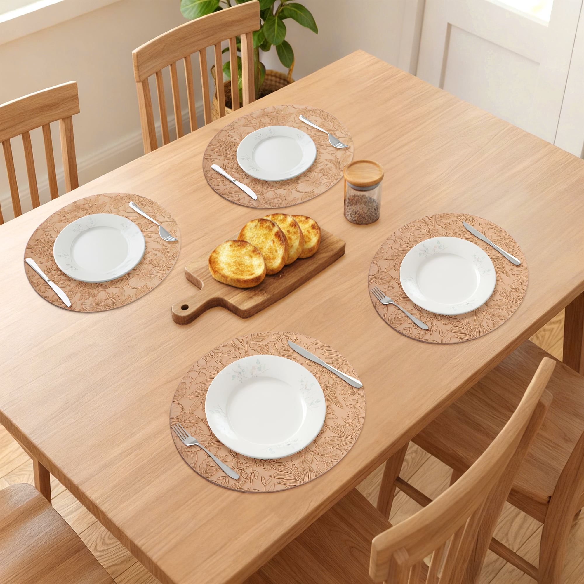 Unique Bargains Set of 6 Leather Round Placemats for Kitchen Dining Table Khaki
