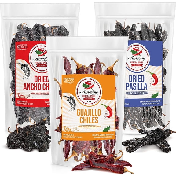 Dried Chile Peppers Variety Pack 12 oz - Ancho, Guajillo, Pasilla Chiles - Staple for Mexican Recipes - Moles, Salsa, Sauces, Stews, Tamales